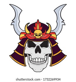 Samurai skull with traditional helmet in color. comic, vector illustration to place. isolated, evil eye.