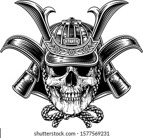 A samurai skull warrior mask helmet illustration in a woodcut etching style 