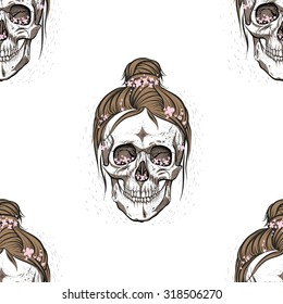 Samurai skull.Seamless pattern background.