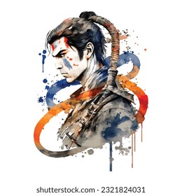 Samurai Snake Man Portrait Traditional Japanese | Transparent 300dpi digital tshirt POD, EPS, vector, clipart, book cover, wallart, ready to print, Print-on-Demand, colorful, no background, beauty