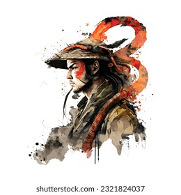 Samurai Snake Man Portrait Traditional Japanese | Transparent 300dpi digital tshirt POD, EPS, vector, clipart, book cover, wallart, ready to print, Print-on-Demand, colorful, no background, beauty