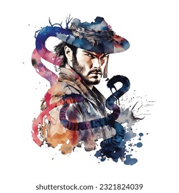 Samurai Snake Man Portrait Traditional Japanese | Transparent 300dpi digital tshirt POD, EPS, vector, clipart, book cover, wallart, ready to print, Print-on-Demand, colorful, no background, beauty