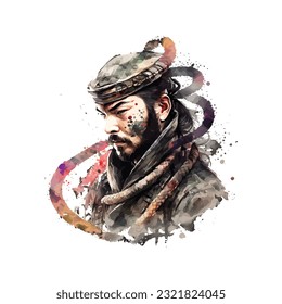 Samurai Snake Man Portrait Traditional Japanese | Transparent 300dpi digital tshirt POD, EPS, vector, clipart, book cover, wallart, ready to print, Print-on-Demand, colorful, no background, beauty