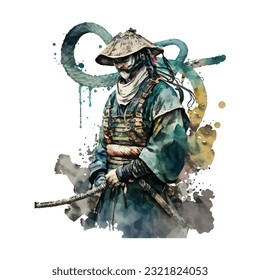 Samurai Snake Man Portrait Traditional Japanese | Transparent 300dpi digital tshirt POD, EPS, vector, clipart, book cover, wallart, ready to print, Print-on-Demand, colorful, no background, beauty