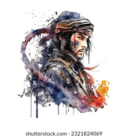 Samurai Snake Man Portrait Traditional Japanese | Transparent 300dpi digital tshirt POD, EPS, vector, clipart, book cover, wallart, ready to print, Print-on-Demand, colorful, no background, beauty