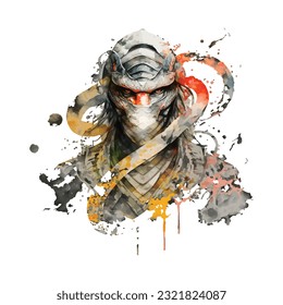 Samurai Snake Man Portrait Traditional Japanese | Transparent 300dpi digital tshirt POD, EPS, vector, clipart, book cover, wallart, ready to print, Print-on-Demand, colorful, no background, beauty