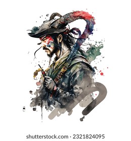 Samurai Snake Man Portrait Traditional Japanese | Transparent 300dpi digital tshirt POD, EPS, vector, clipart, book cover, wallart, ready to print, Print-on-Demand, colorful, no background, beauty
