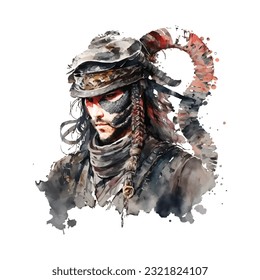 Samurai Snake Man Portrait Traditional Japanese | Transparent 300dpi digital tshirt POD, EPS, vector, clipart, book cover, wallart, ready to print, Print-on-Demand, colorful, no background, beauty