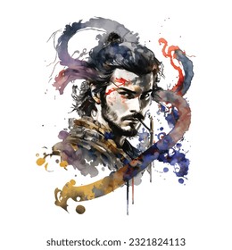 Samurai Snake Man Portrait Traditional Japanese | Transparent 300dpi digital tshirt POD, EPS, vector, clipart, book cover, wallart, ready to print, Print-on-Demand, colorful, no background, beauty