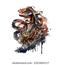 Samurai Snake Man Portrait Traditional Japanese | Transparent 300dpi digital tshirt POD, EPS, vector, clipart, book cover, wallart, ready to print, Print-on-Demand, colorful, no background, beauty