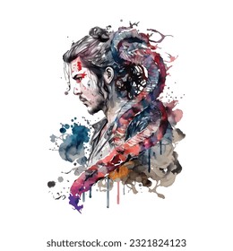 Samurai Snake Man Portrait Traditional Japanese | Transparent 300dpi digital tshirt POD, EPS, vector, clipart, book cover, wallart, ready to print, Print-on-Demand, colorful, no background, beauty