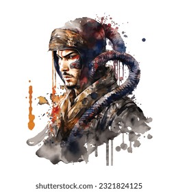 Samurai Snake Man Portrait Traditional Japanese | Transparent 300dpi digital tshirt POD, EPS, vector, clipart, book cover, wallart, ready to print, Print-on-Demand, colorful, no background, beauty