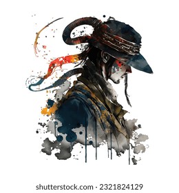 Samurai Snake Man Portrait Traditional Japanese | Transparent 300dpi digital tshirt POD, EPS, vector, clipart, book cover, wallart, ready to print, Print-on-Demand, colorful, no background, beauty