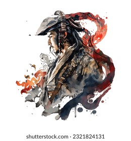 Samurai Snake Man Portrait Traditional Japanese | Transparent 300dpi digital tshirt POD, EPS, vector, clipart, book cover, wallart, ready to print, Print-on-Demand, colorful, no background, beauty