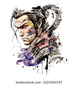 Samurai Snake Man Portrait Traditional Japanese | Transparent 300dpi digital tshirt POD, EPS, vector, clipart, book cover, wallart, ready to print, Print-on-Demand, colorful, no background, beauty