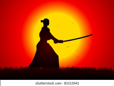 A samurai  stance with the sunset as the background