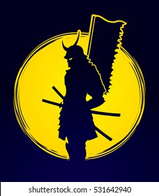 Samurai standing designed on moonlight background graphic vector.