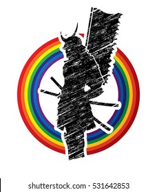 Samurai standing designed on rainbows background graphic vector.