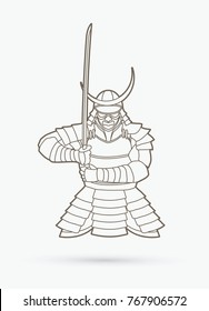 Samurai standing front view ready to fight outline graphic vector.