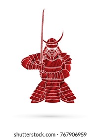 Samurai standing front view ready to fight designed using red grunge brush graphic vector.