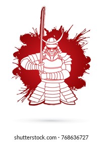 Samurai standing front view ready to fight designed on splatter blood background graphic vector.