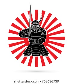 Samurai stehende Front-View bereit zu kämpfen, entworfen auf sonnigen Hintergrund grafischen Vektorgrafik.