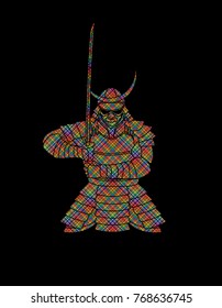 Samurai standing front view ready to fight designed using colorful pixels graphic vector.
