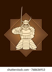 Samurai standing front view ready to fight designed on golden line square background graphic vector.