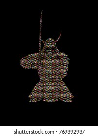 Samurai standing front view ready to fight designed using colorful mosaic graphic vector