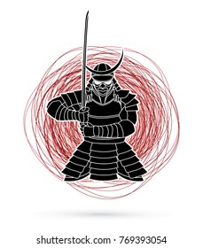 Samurai standing front view ready to fight designed on confuse line background graphic vector.