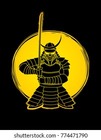 Samurai standing front view ready to fight designed on moonlight background graphic vector.
