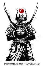 A samurai standing with his back to the viewer with two Katanas crossed at his chest. It is equipped in Japanese armor,. drawn in ink. 2D illustration.