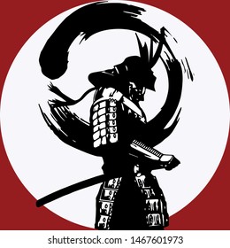 Samurai standing on sunrise silhouette cartoon vector illustration