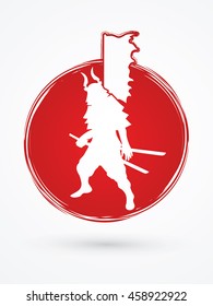 Samurai standing ready to fight designed on grunge circle background graphic vector.