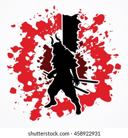 Samurai standing ready to fight designed on splash blood background graphic vector.