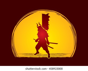 Samurai standing ready to fight designed on moonlight background graphic vector.