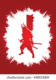 Samurai standing ready to fight designed on grunge frame background graphic vector.