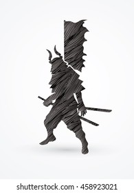 Samurai standing ready to fight designed using black grunge brush graphic vector.