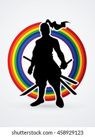 Samurai standing ready to fight designed on line rainbows background graphic vector.
