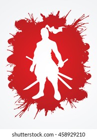 Samurai standing ready to fight designed on splatter blood background graphic vector.