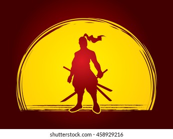 Samurai standing ready to fight designed on moonlight background graphic vector.