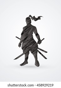 Samurai standing ready to fight designed using black grunge brush graphic vector.