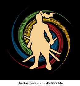 Samurai standing ready to fight designed on spin wheel background graphic vector.