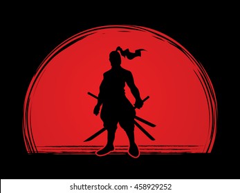 Samurai standing ready to fight designed on sunlight background graphic vector.