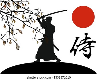 Samurai standing with sword katana on the backgroung of red sun and sakura followed by Japanese hieroglyphs of warrior