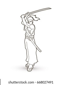 Samurai standing with sword katana, Ready to fight outline graphic vector