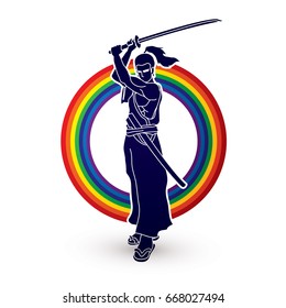 Samurai standing with sword katana, Ready to fight designed on rainbow background graphic vector