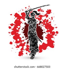 Samurai standing with sword katana, Ready to fight designed on splatter blood background graphic vector