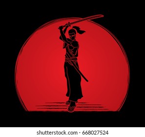 Samurai standing with sword katana, Ready to fight designed on sunlight background graphic vector.