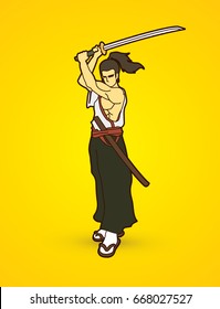 Samurai standing with sword katana, Ready to fight graphic vector